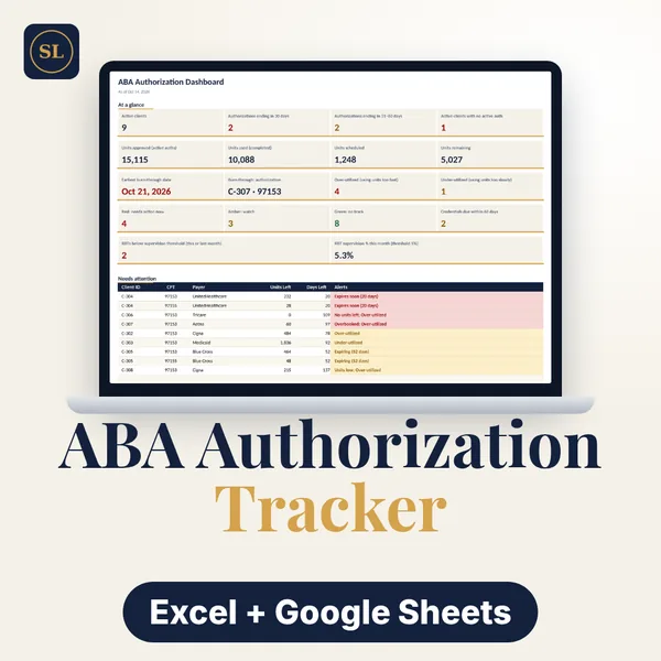 ABA/BCBA Authorization & Caseload Tracker cover: a laptop showing the ABA Authorization Dashboard with sample data, labelled Excel + Google Sheets.