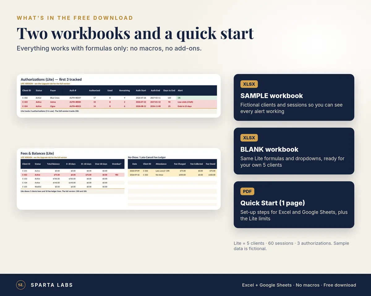 What's in the free download: a SAMPLE workbook, a BLANK workbook and a one-page Quick Start PDF.