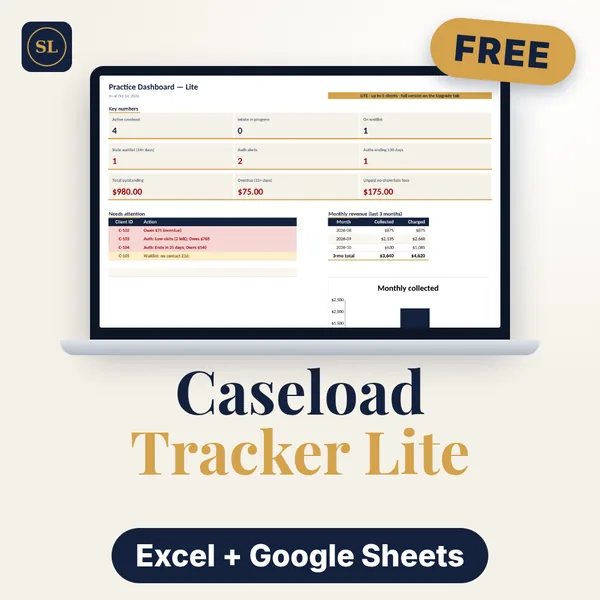 Therapist Caseload Tracker Lite cover with a Free badge: a laptop showing the Lite Practice Dashboard with sample data, labelled Excel + Google Sheets.