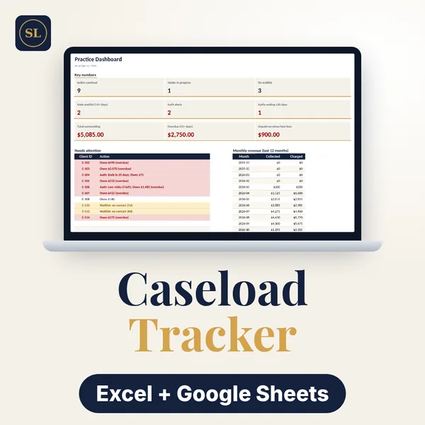 Therapist Caseload Tracker cover: a laptop showing the Practice Dashboard with sample data, labelled Excel + Google Sheets.