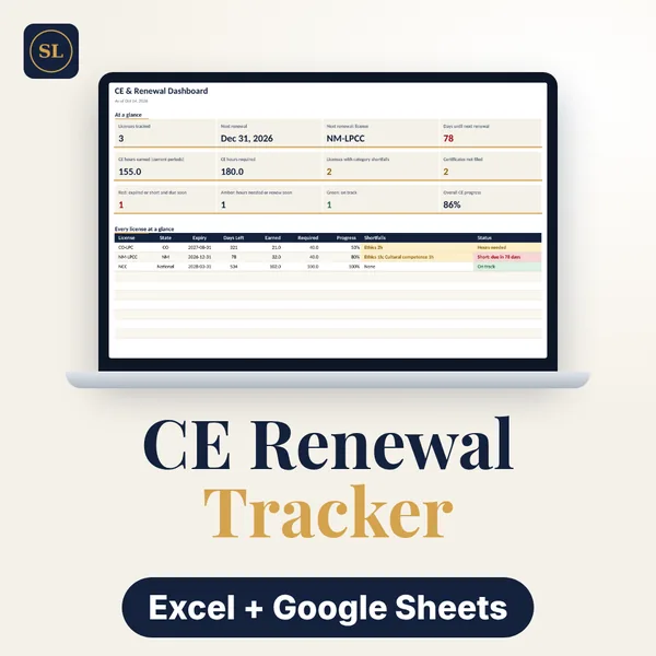 License & CE Renewal Tracker cover: a laptop showing the CE & Renewal Dashboard with sample data, labelled Excel + Google Sheets.