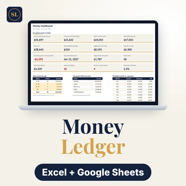 Private Practice Money Ledger cover: a laptop showing the Money Dashboard with sample data, labelled Excel + Google Sheets.