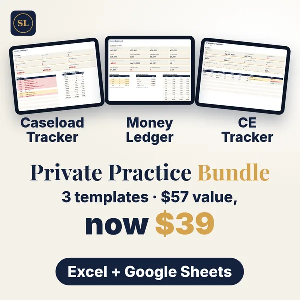 Private Practice Bundle cover: three tablets showing the Caseload Tracker, Money Ledger and CE Tracker, with the text 3 templates, $57 value, now $39.